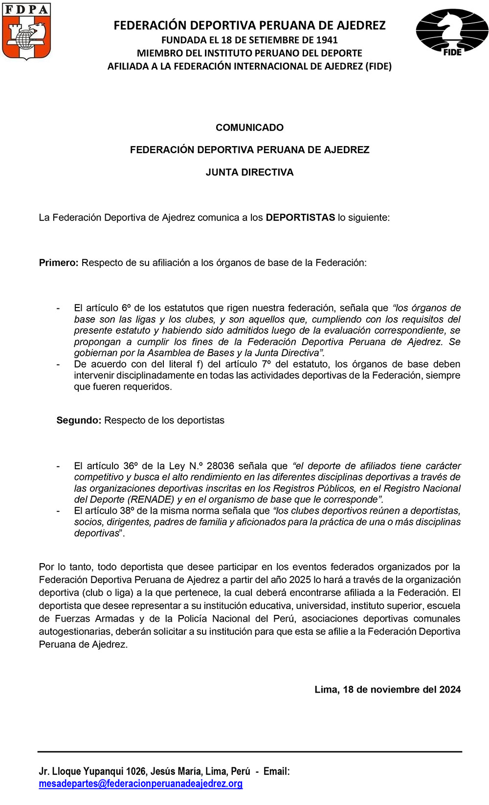 COMUNICADO: Respecto de su afiliación a los órganos de base de la Federación